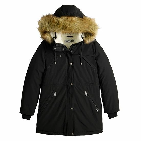 Women's Nine West Sherpa Trim Parka Coat Black 3 Women's Nine West Sherpa Trim Parka Coat Black - Image 3