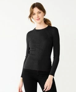 Petite Nine West Rib Crewneck Sweater Gray Silver Lurex