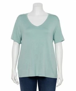 Plus Size Nine West Essential Soft Spun Short Sleeve V-Neck Top Dusty Salt Heather -Nine West Shop unnamed file 1137