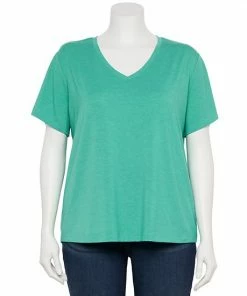 Plus Size Nine West Essential Soft Spun Short Sleeve V-Neck Top Dusty Salt Heather -Nine West Shop unnamed file 1146