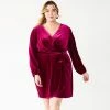 Plus Size Nine West Long Sleeve Velvet Wrap Dress Burgundy Tassel