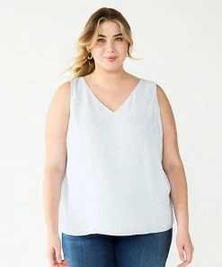 Plus Size Nine West Essential V-Neck Tank Light Blue Ikat