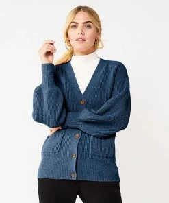 Women's Nine West Drop Shoulder Blouson Sleeve Cardigan Dark Autumn Heather