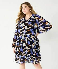 Plus Size Nine West Print Georgette Collar Pleated Dress Mineral Black