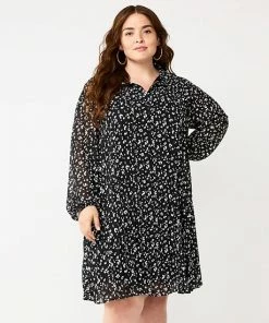 Plus Size Nine West Print Georgette Collar Pleated Dress Mineral Black -Nine West Shop unnamed file 1436