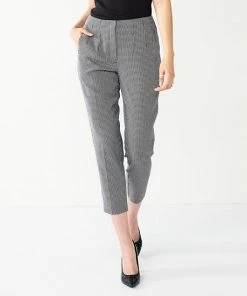 Petite Nine West High-Waisted Tapered Pants Navy Tan Houndstooth