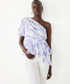 Women's Nine West One-Shoulder Tie Waist Peplum Top Blue Organic