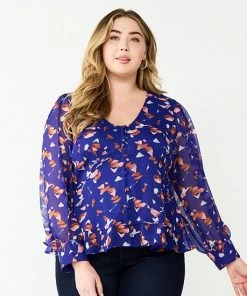 Plus Size Nine West Long Sleeve V-Neck Button Front Blouse Painterly Abstract