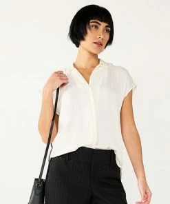 Women's Petite Nine West Button Down Solid Top Mocha Frosting