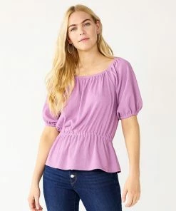 Women's Nine West Puff Sleeve Square Neck Peplum Top Mineral Black