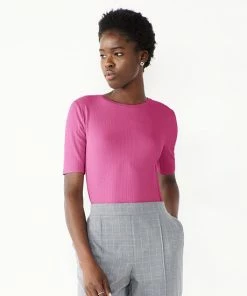 Women's Nine West Ribbed Fitted Elbow-Sleeve Tee Mocha Frosting -Nine West Shop unnamed file 221