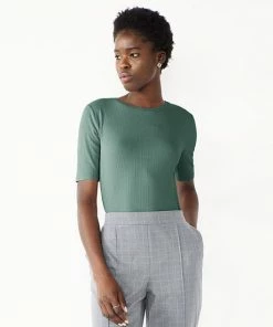 Women's Nine West Ribbed Fitted Elbow-Sleeve Tee Mocha Frosting -Nine West Shop unnamed file 226