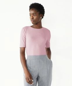 Women's Nine West Ribbed Fitted Elbow-Sleeve Tee Mocha Frosting -Nine West Shop unnamed file 227