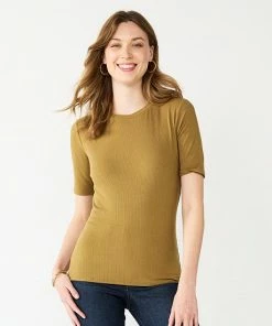 Women's Nine West Ribbed Fitted Elbow-Sleeve Tee Mocha Frosting -Nine West Shop unnamed file 235