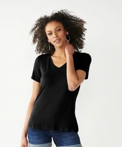 Petite Nine West Essential Short Sleeve V-Neck Tee Yellow Stripe