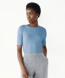 Women's Nine West Ribbed Fitted Elbow-Sleeve Tee Mocha Frosting -Nine West Shop unnamed file 236