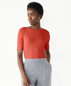 Women's Nine West Ribbed Fitted Elbow-Sleeve Tee Mocha Frosting -Nine West Shop unnamed file 237