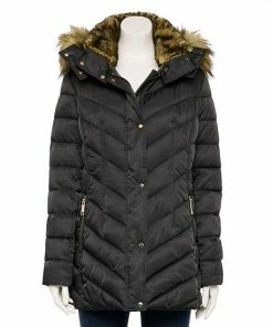 Women's Nine West Faux-Fur Hood Puffer Jacket Beige Khaki