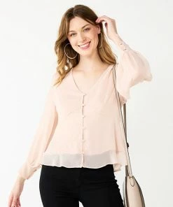 Petite Nine West Long Sleeve Button-Front V-Neck Blouse Blue Abstract