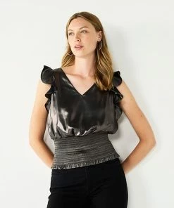 Women's Nine West Sleeveless Ruffle Smocked Hem Top Black Black