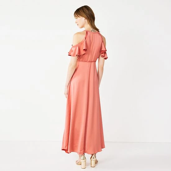 Women's Nine West Flounce Cold-Shoulder Maxi Dress Cruz Coral 2 Women's Nine West Flounce Cold-Shoulder Maxi Dress Cruz Coral - Image 2