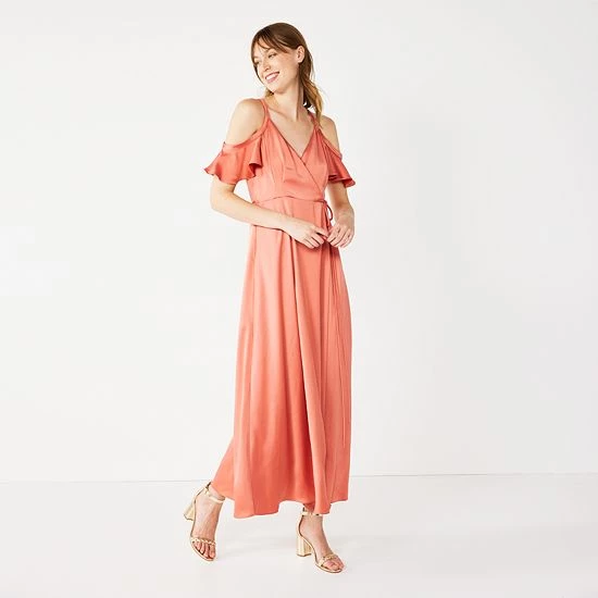 Women's Nine West Flounce Cold-Shoulder Maxi Dress Cruz Coral 6 Women's Nine West Flounce Cold-Shoulder Maxi Dress Cruz Coral - Image 6