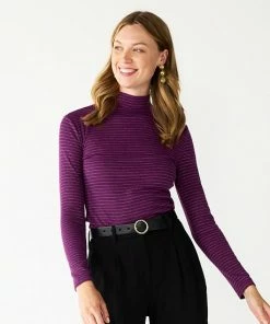 Petite Nine West Long Sleeve Fitted Turtleneck Top Green Shine Stripe