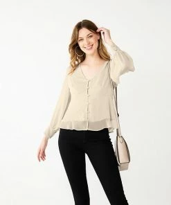 Women's Nine West Long Sleeve V-Neck Button Front Blouse Daisy Dew