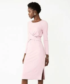 Petite Nine West Twist-Front Long Sleeve Midi Dress Mineral Black