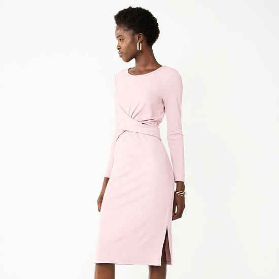 Petite Nine West Twist-Front Long Sleeve Midi Dress Mineral Black 1 Petite Nine West Twist-Front Long Sleeve Midi Dress Mineral Black