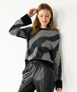 Petite Nine West Patterned Crewneck Sweater Mineral Black Combo