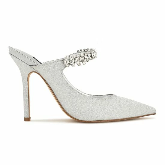 Nine West Fortun Women's Heeled Rhinestone Mules Silver Glitter 2 Nine West Fortun Women's Heeled Rhinestone Mules Silver Glitter - Image 2