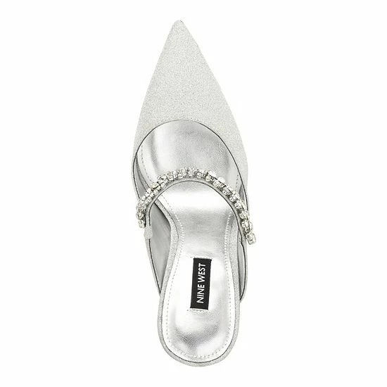 Nine West Fortun Women's Heeled Rhinestone Mules Silver Glitter 4 Nine West Fortun Women's Heeled Rhinestone Mules Silver Glitter - Image 4