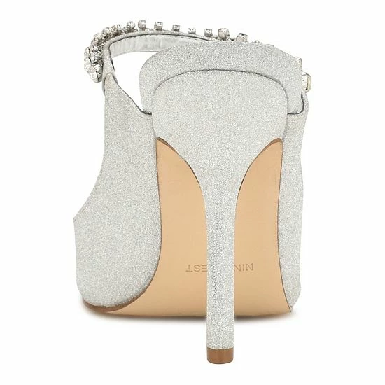Nine West Fortun Women's Heeled Rhinestone Mules Silver Glitter 5 Nine West Fortun Women's Heeled Rhinestone Mules Silver Glitter - Image 5