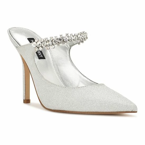 Nine West Fortun Women's Heeled Rhinestone Mules Silver Glitter 7 Nine West Fortun Women's Heeled Rhinestone Mules Silver Glitter - Image 7