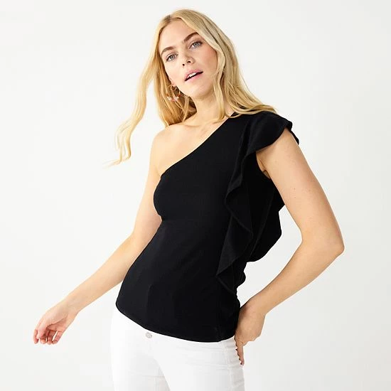 Women's Nine West One-Shoulder Flutter Sleeve Top Black 5 Women's Nine West One-Shoulder Flutter Sleeve Top Black - Image 5