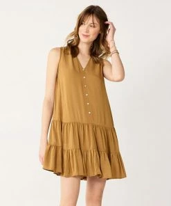 Petite Nine West Button-Front Tiered Drop-Waist Dress Broken Leaves