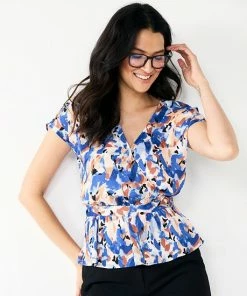 Petite Nine West Short Sleeve Peplum Wrap Top Mineral Black