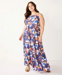 Plus Size Nine West Asymmetrical Tiered Maxi Dress Block Shapes Pink