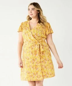 Plus Size Nine West Flutter Sleeve Wrap Dress Yellow Brushy Multi -Nine West Shop unnamed file 3278
