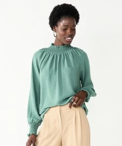 Petite Nine West Long Sleeve Smocked Top Loose Swirl