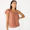 Women's Nine West One-Shoulder Ruffle Neck Top Brown Abstract