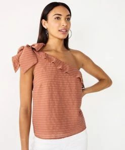 Women's Nine West One-Shoulder Ruffle Neck Top Brown Abstract