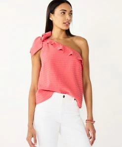 Women's Nine West One-Shoulder Ruffle Neck Top Brown Abstract -Nine West Shop unnamed file 3358