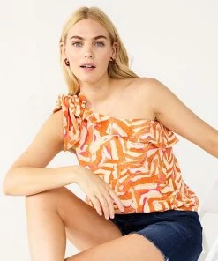 Women's Nine West One-Shoulder Ruffle Neck Top Brown Abstract -Nine West Shop unnamed file 3361