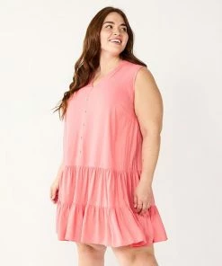 Plus Size Nine West Sleeveless Button-Front Tiered Drop Waist Dress Mineral Black