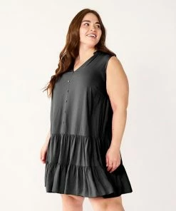 Plus Size Nine West Sleeveless Button-Front Tiered Drop Waist Dress Mineral Black -Nine West Shop unnamed file 3439