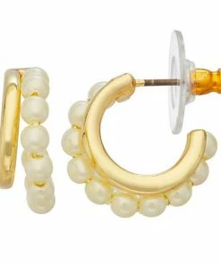 Nine West Gold Tone And Simulated Pearl Two-Row C-Hoop Earrings