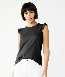Petite Nine West Ruffle-Shoulder Top Mineral Black -Nine West Shop unnamed file 3615