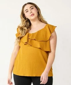 Plus Size Nine West Sleeveless Ruffle Detail Top Light Bronze